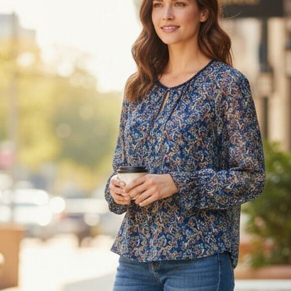 Daniel Rainn Blue Paisley Keyhole Blouse Womens Medium Long Sleeve Career Top - Picture 1 of 10